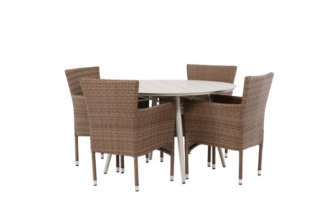 Lina matgrupp utomhus rund 120 cm + 4 st malina karmstolar - brun/vit