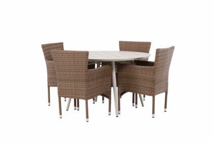 Lina matgrupp utomhus rund 120 cm + 4 st malina karmstolar - brun/vit