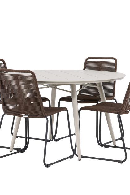 Lina matgrupp utomhus rund 120 cm + 4 st lindos matstolar - mörkbrun/vit