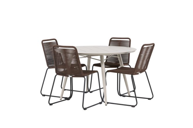Lina matgrupp utomhus rund 120 cm + 4 st lindos matstolar - mörkbrun/vit