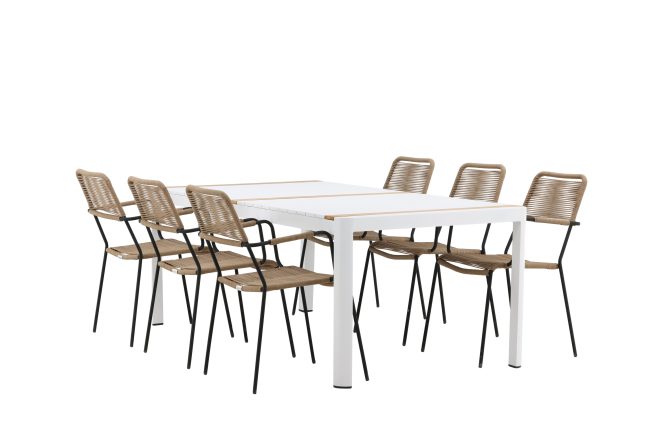 Togo matgrupp utomhus 205 cm + 6 st lindos karmstolar - svart/vit