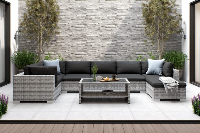 Loungegrupp utomhus bahamas 7-sits bord m hylla - divan|bord grå