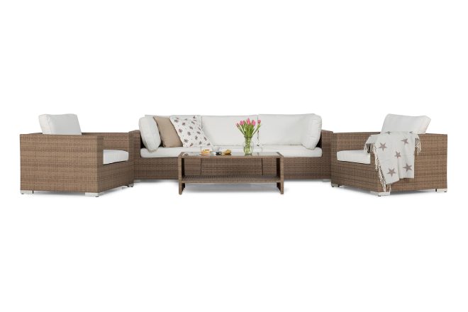 Loungegrupp utomhus bahamas 5-sits 1 bord m hylla - 2 fåtöljer sand