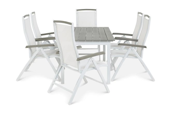 Matgrupp utomhus portland 152-210x90 cm + 6 monaco lyx positionsstol - grå/vit