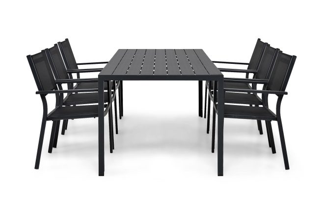 Matgrupp utomhus tunis 205x90 cm + 6 tunis stapelstol - svart|svart
