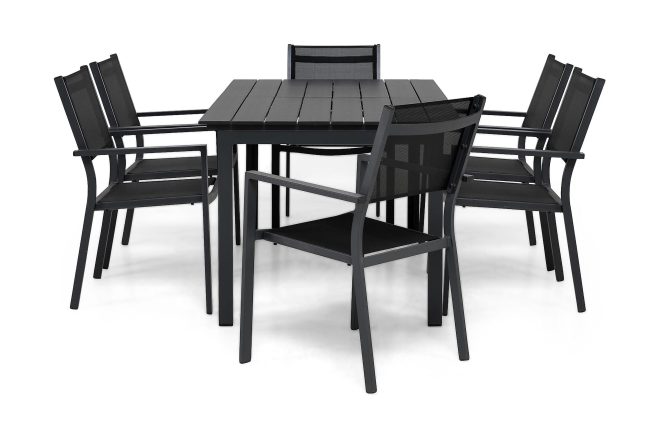 Matgrupp utomhus portland 152-210x90 + 6 sierra stapelstol - svart