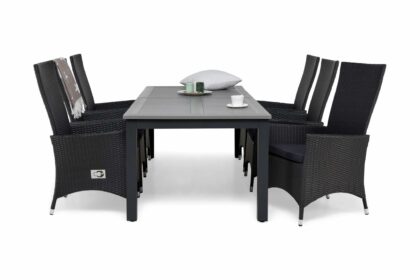 Matgrupp utomhus monaco 220-280 + 6 jenny ställbar fåtölj m dyna - svart|svart|grå
