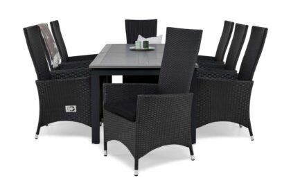 Matgrupp utomhus monaco 220-280 + 8 jenny ställbar fåtölj m dyna - svart|svart|förlängningsbar