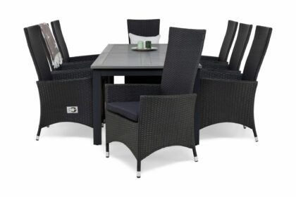 Matgrupp utomhus monaco 220-280 + 8 jenny ställbar fåtölj m dyna - svart|svart|förlängningsbar