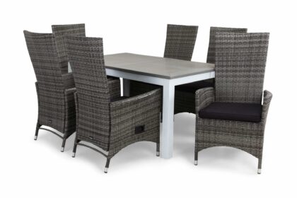 Matgrupp utomhus monaco 152-210 + 6 jenny ställbar fåtölj m dyna - vit|grå|svart