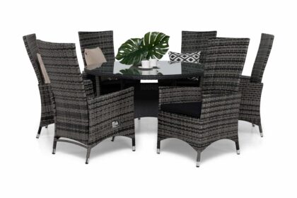 Matgrupp utomhus round Ø140 + 6 jenny ställbar fåtölj m dyna - grå|svart