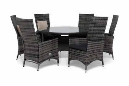 Matgrupp utomhus round Ø140 + 6 jenny ställbar fåtölj m dyna - svart|grå