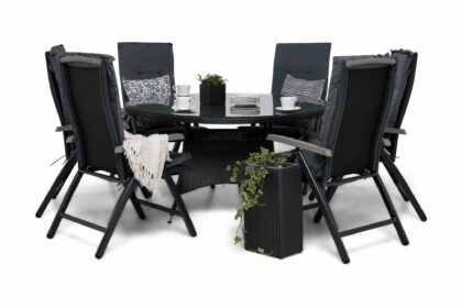 Matgrupp utomhus thor Ø140 + 6 monaco lyx positionsstol m dyna - svart|svart|grå