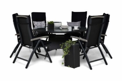 Matgrupp utomhus thor 140 rund + 6 monaco positionsstol m dyna - svart|grå