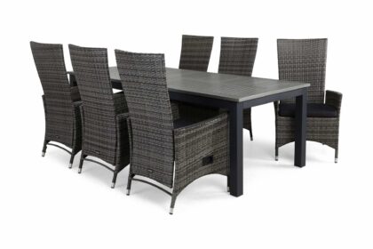 Matgrupp utomhus monaco 220-280 + 6 jenny ställbar fåtölj m dyna - svart|grå|svart