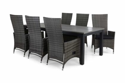 Matgrupp utomhus monaco 220-280 + 6 jenny ställbar fåtölj m dyna - svart|grå|grå