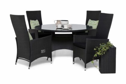 Matgrupp utomhus thor Ø140 + 4 jenny ställbar fåtölj m dyna - svart