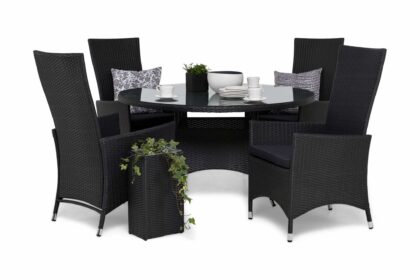 Matgrupp utomhus thor Ø140 + 4 jenny ställbar fåtölj m dyna - svart|grå