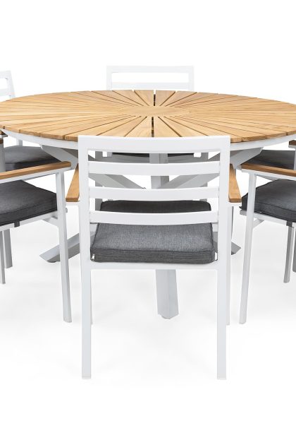 Matgrupp Utomhus Oliver 140 cm Runt + 6 Stolar m Dyna - Vit/Teak/Grå