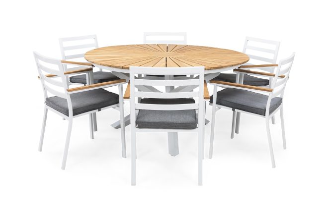 Matgrupp utomhus oliver 140 cm runt + 6 stolar m dyna - vit/teak/grå