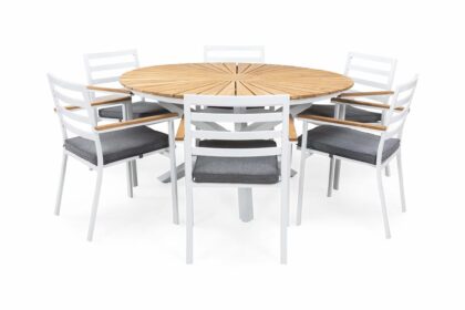 Matgrupp utomhus oliver 140 cm runt + 6 stolar m dyna - vit/teak/grå