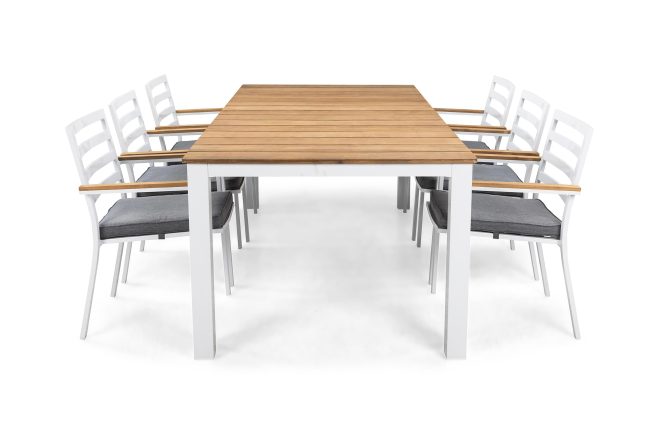 Matgrupp utomhus oliver 210x100 cm + 6 stolar m dyna - vit/teak/grå