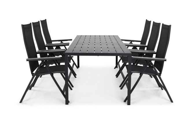 Matgrupp utomhus tunis 205x90 cm + 6 monaco positionsstol - svart/grå
