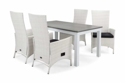 Matgrupp utomhus monaco 152-210 + 4 jenny ställbar fåtölj m dyna - vit|vit|grå