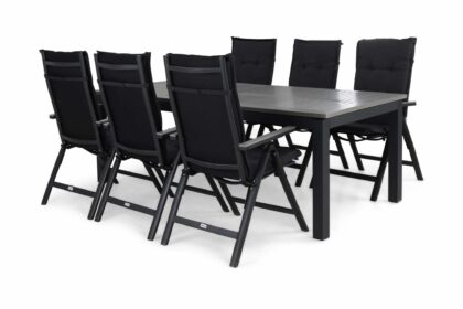 Matgrupp utomhus monaco 220-280 + 6 positionsstol m dyna - svart|svart|grå|grå