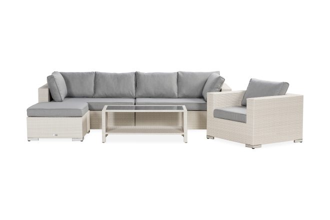 Loungegrupp utomhus bahamas 6-sits bord m hylla - divan fåtölj vit
