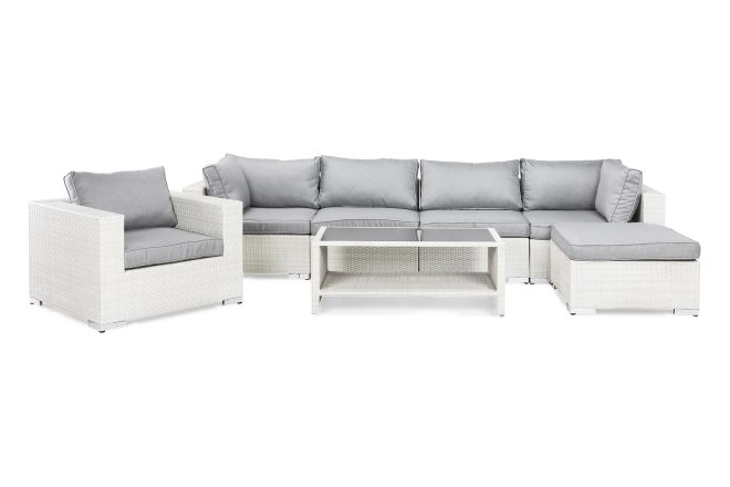 Loungegrupp utomhus bahamas 6-sits bord m hylla - divan fåtölj vit
