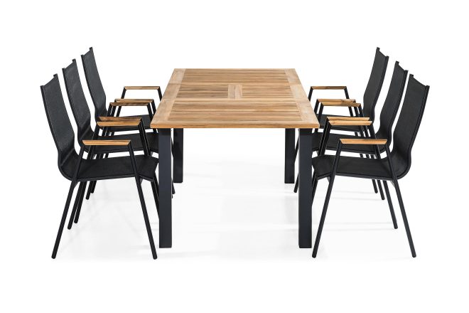 Matgrupp utomhus las vegas 152-210x90 + 6 karmstolar - svart|teak