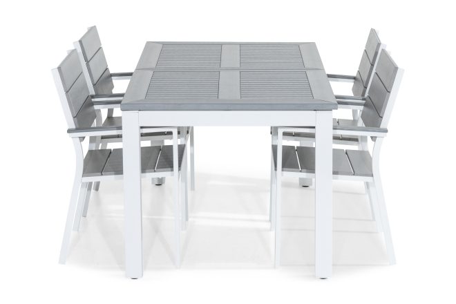 Matgrupp utomhus monaco 152-210x90 + 4 tunis stapelstol - vit|grå
