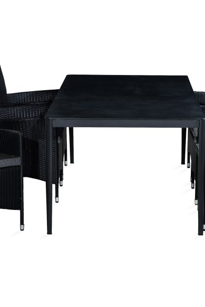 Matgrupp utomhus alex 200x100 + 6 thor fåtölj m dyna - svart|grå stenlook|grå