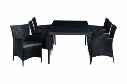 Matgrupp utomhus alex 200x100 + 6 thor fåtölj m dyna - svart|grå stenlook|grå