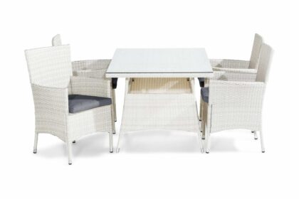 Matgrupp utomhus thor 140x90 cm + 4 fåtöljer m dyna - vit/grå