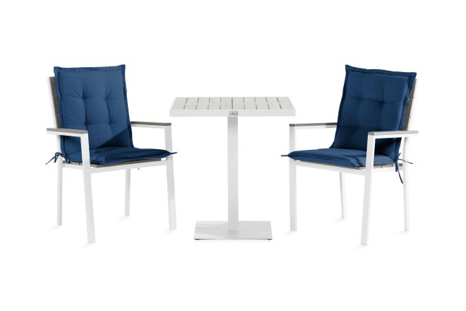 Caféset tunis 70x70 + 2 stapelstolar m dyna - vit|grå|blå