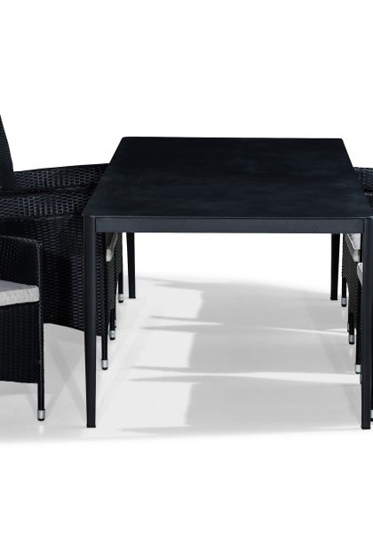 Matgrupp utomhus alex 200x100 + 6 thor fåtölj m dyna - svart|grå stenlook|vit
