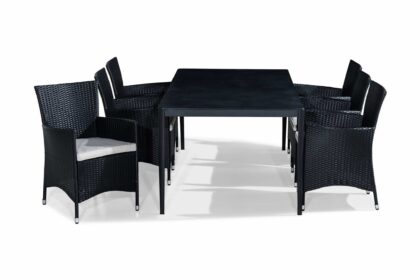 Matgrupp utomhus alex 200x100 + 6 thor fåtölj m dyna - svart|grå stenlook|vit