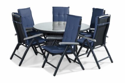Matgrupp utomhus thor 140 rund + 6 monaco positionsstol m dyna - svart|grå|blå