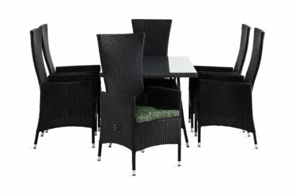 Matgrupp utomhus thor 140x90 + 6 jenny fåtölj ställbar m dyna - svart|grön
