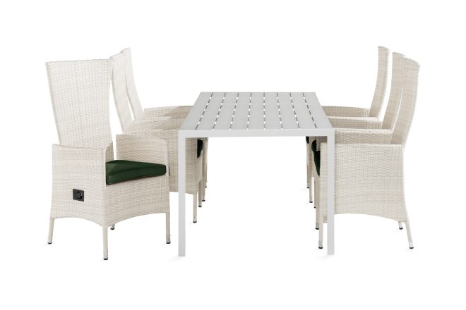 Matgrupp utomhus tunis 205x90 + 6 jenny fåtölj ställbar m dyna - vit|grön