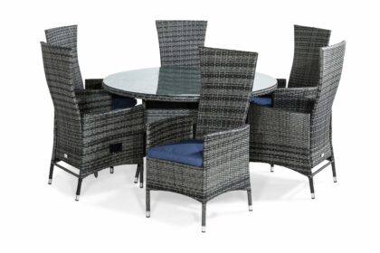 Matgrupp utomhus thor 140 rund + 6 jenny fåtölj ställbar m dyna - grå|blå