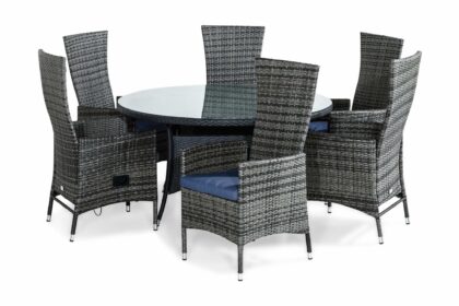Matgrupp utomhus thor 140 rund + 6 jenny fåtölj ställbar m dyna - svart|grå|blå