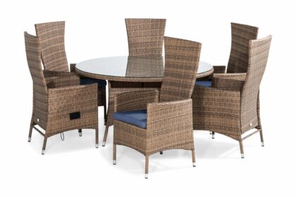 Matgrupp utomhus thor 140 rund + 6 jenny fåtölj ställbar m dyna - sand|blå