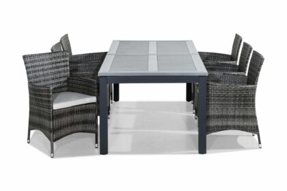Matgrupp utomhus monaco 220-280x100 + 6 thor fåtölj m dyna - svart|grå