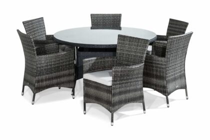 Matgrupp utomhus thor 140 rund + 6 thor fåtölj m dyna - svart|grå