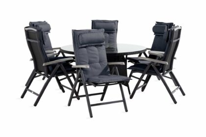 Matgrupp utomhus thor 140 rund + 6 monaco positionsstol m dyna - svart|grå