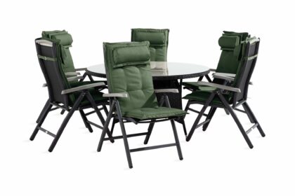 Matgrupp utomhus thor 140 rund + 6 monaco positionsstol m dyna - svart|grå|grön
