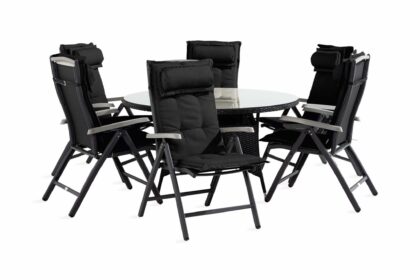 Matgrupp utomhus thor 140 rund + 6 monaco positionsstol m dyna - svart/grå